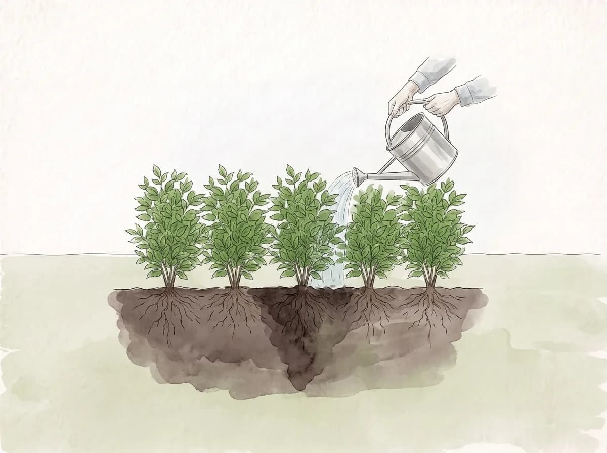 Tecknad illustration: en vattenkanna vattnar en rad nyplanterade häckplantor så att vattnet når ner till rötterna.