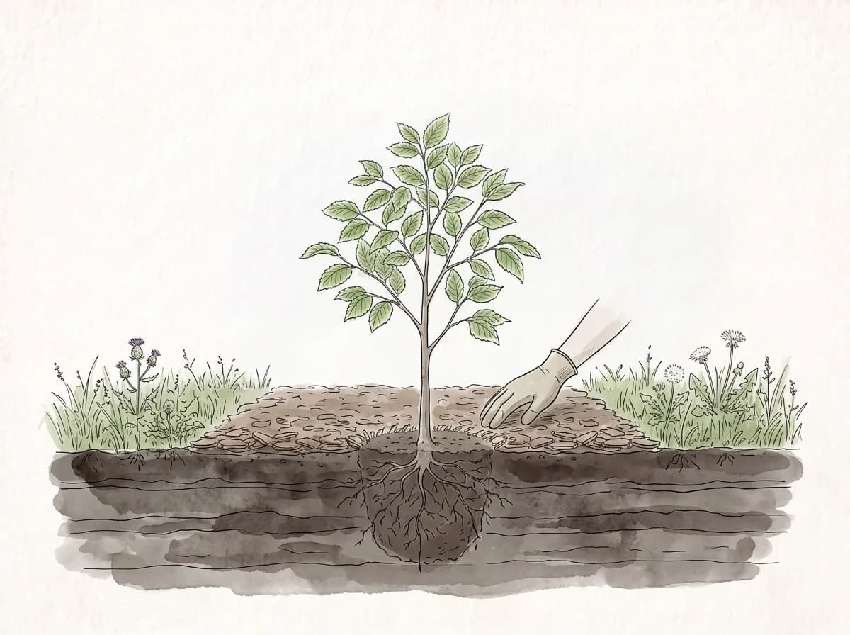 Tecknad illustration: täckmaterial utlagt längs foten av en ung häck.