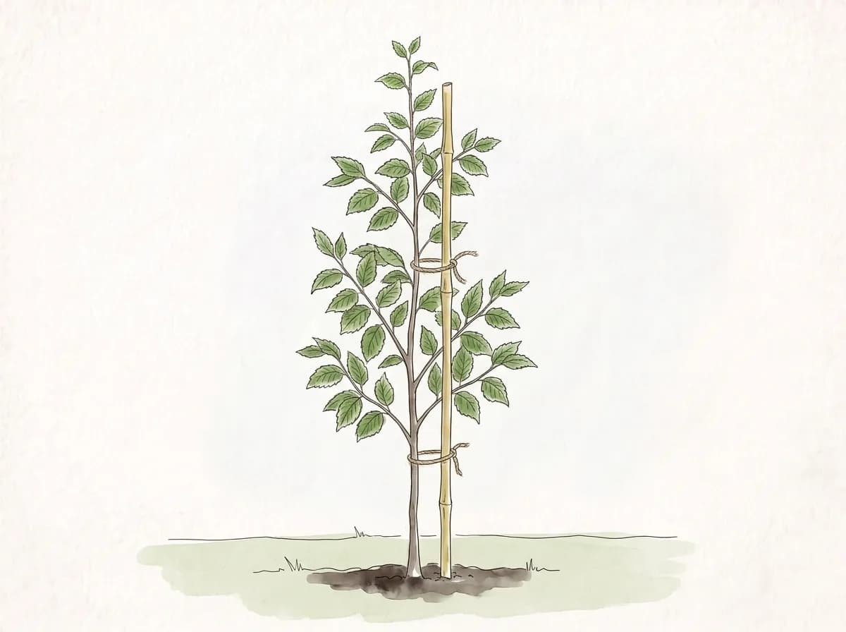 Tecknad illustration: en ung avenbok uppbunden vid en bambukäpp.