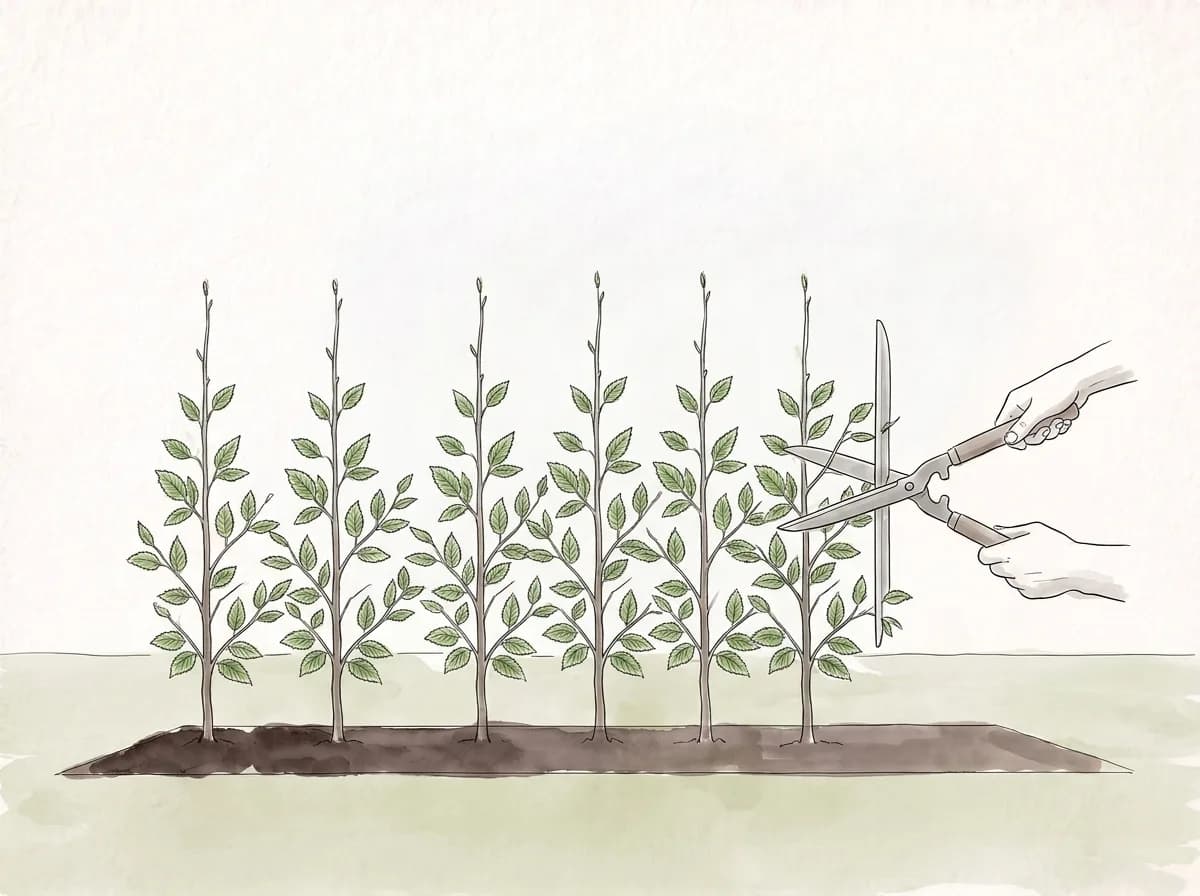 Tecknad illustration: en häcksax klipper sidorna på unga avenbokar medan toppskotten får växa.