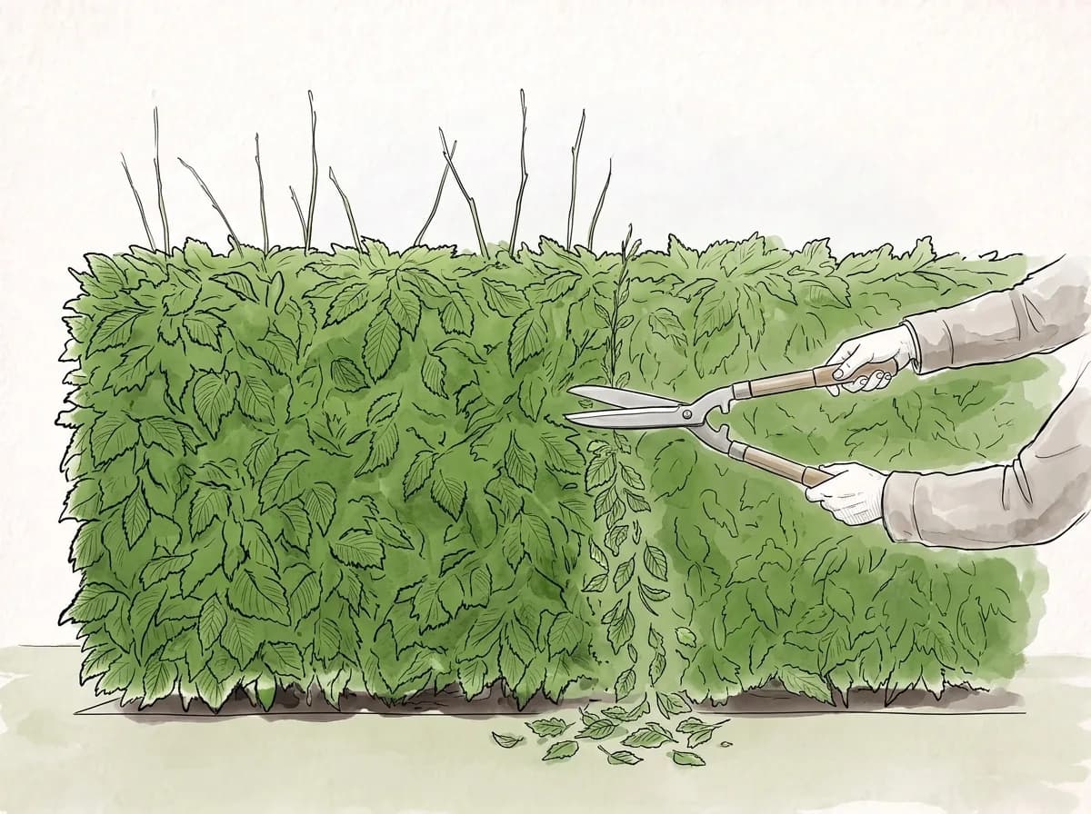 Tecknad illustration: två händer klipper sidan på en avenbokshäck med häcksax.
