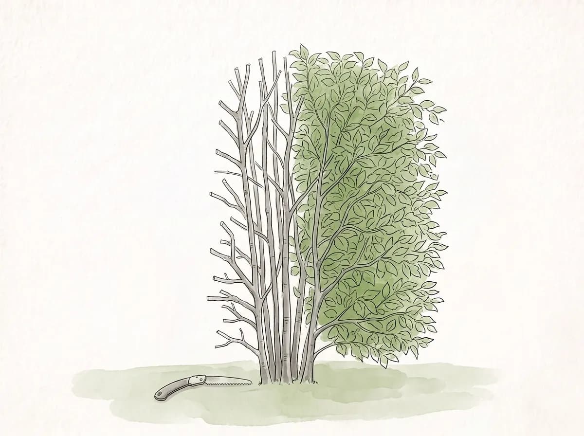 Tecknad illustration: en avenbok där grenarna på ena sidan har kortats in mot stammen och en grensåg ligger på marken.