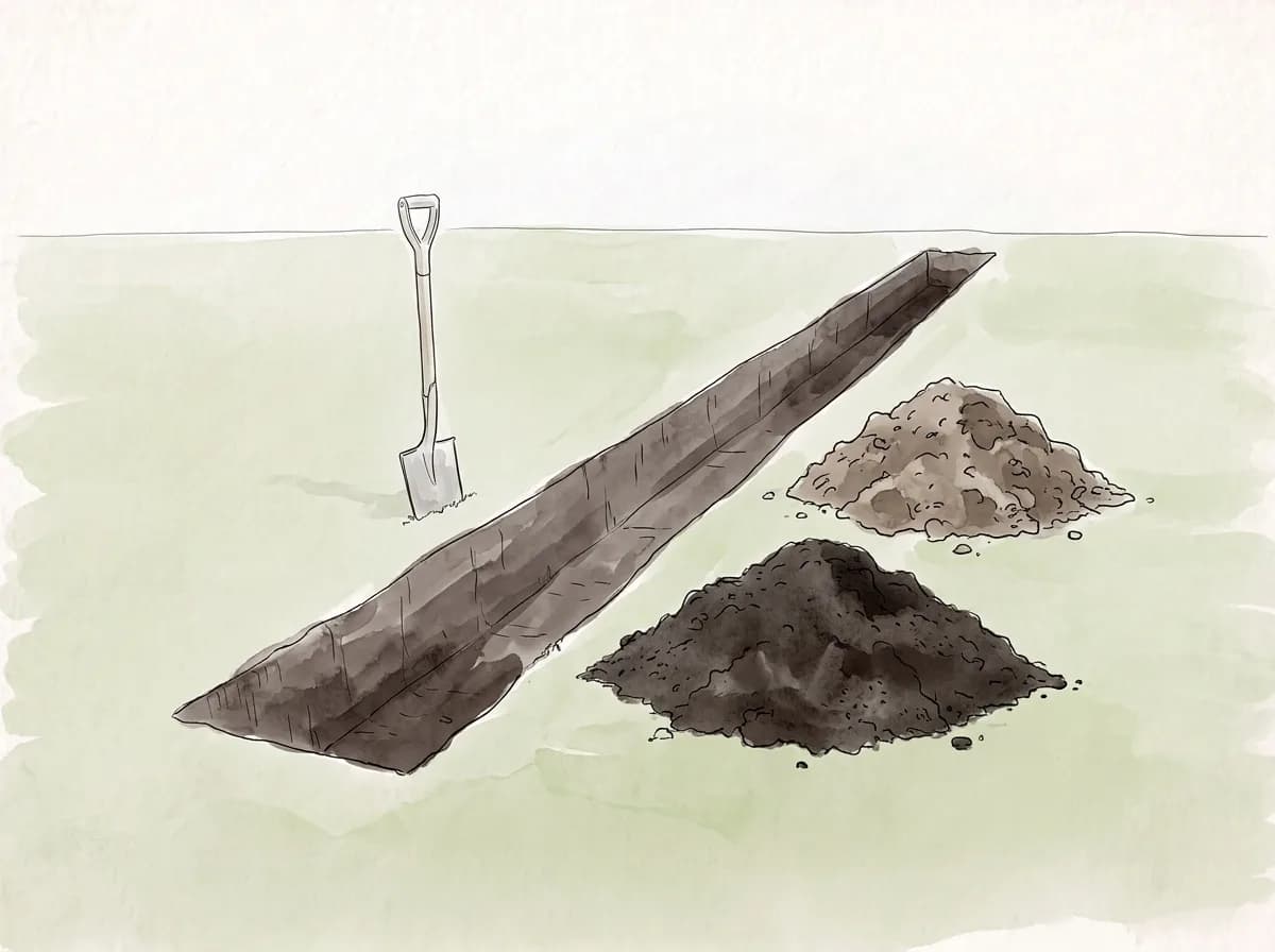 Tecknad illustration: ett långt, rakt dike med en spade och högar av uppgrävd jord bredvid.
