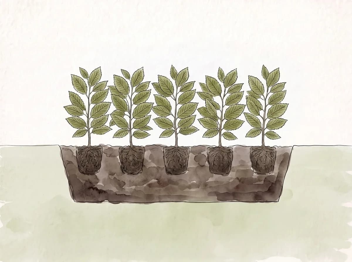 Tecknad illustration: unga häckplantor i ett dike, med rotklumparna i nivå med marken.