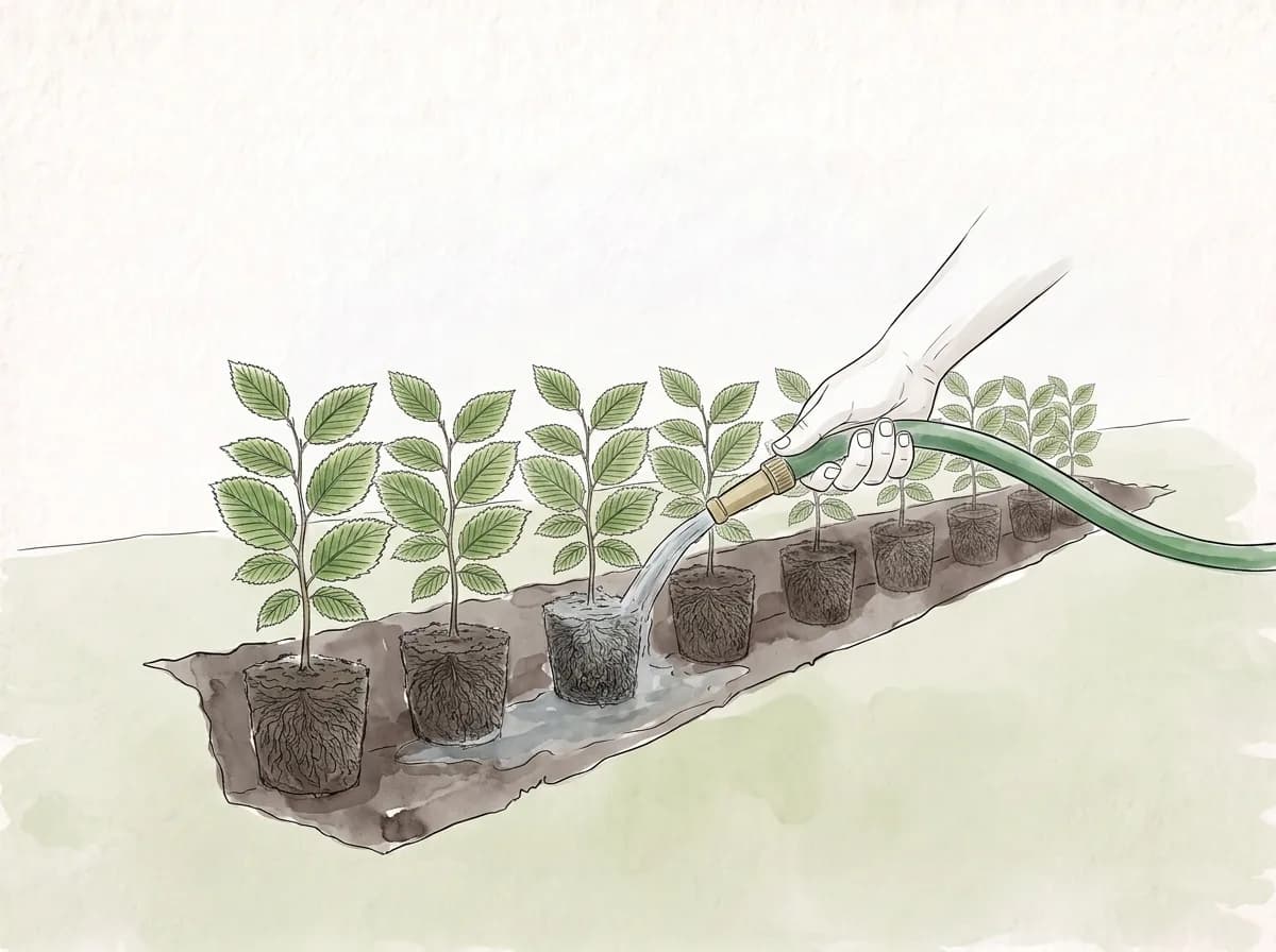 Tecknad illustration: en slang vattnar diket längs en rad nyplanterade häckplantor.