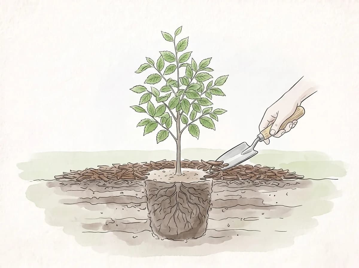Tecknad illustration: täckmaterial läggs längs en ny häck med en fri ring runt varje stam.