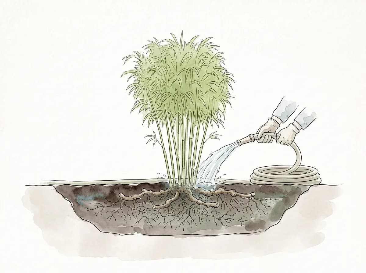 Tecknad illustration: en slang vattnar en bambuplanta så att fukten sprids i jorden runt rötterna.