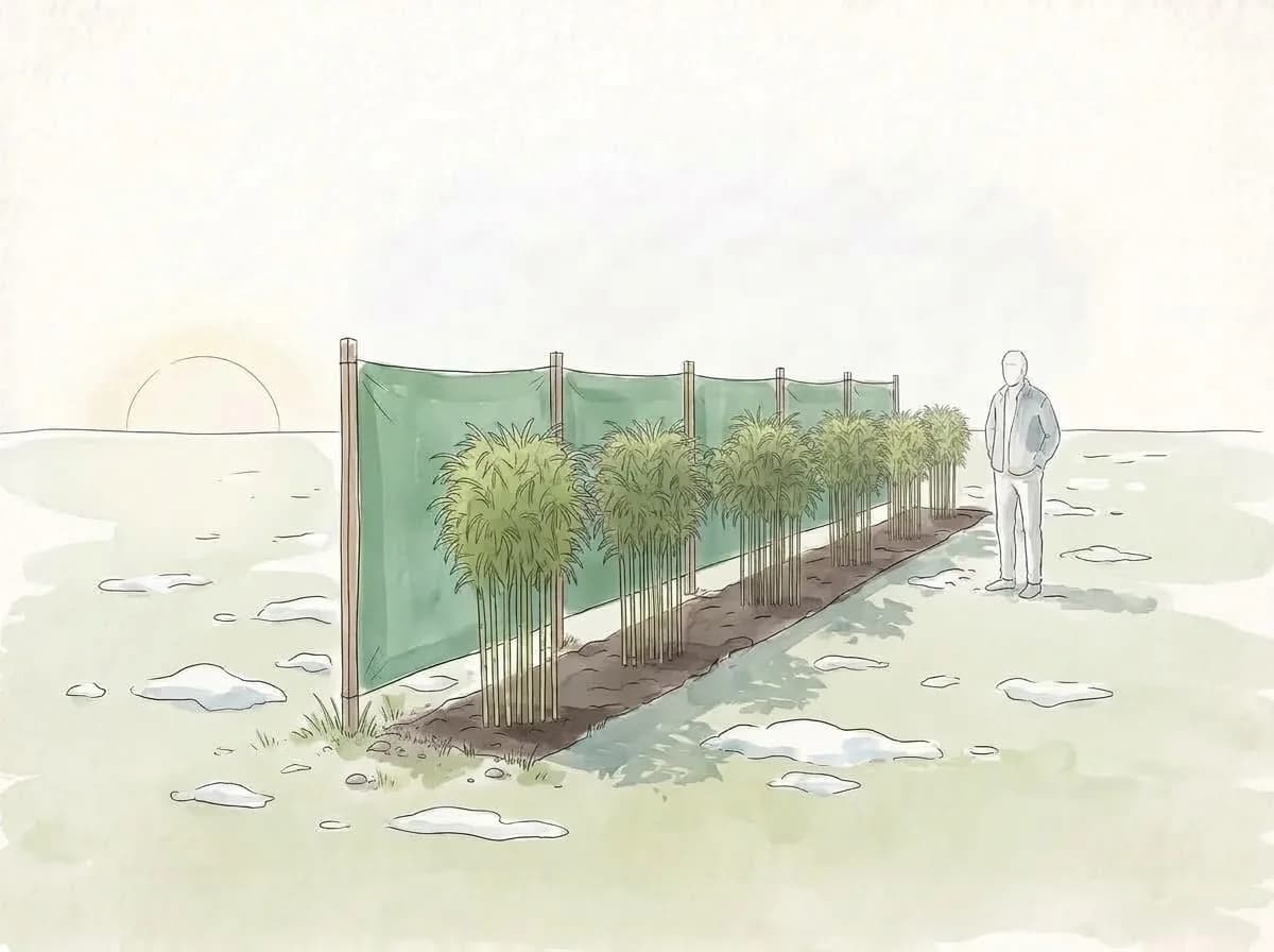 Tecknad illustration: skuggväv spänd på stolpar som en skärm på solsidan av en rad unga plantor i snö.