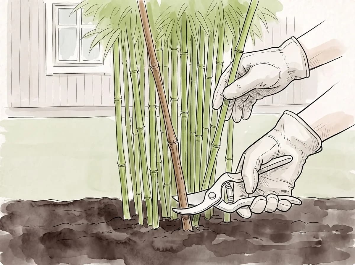 Tecknad illustration: en sekatör klipper bort gamla stammar nere vid marken.