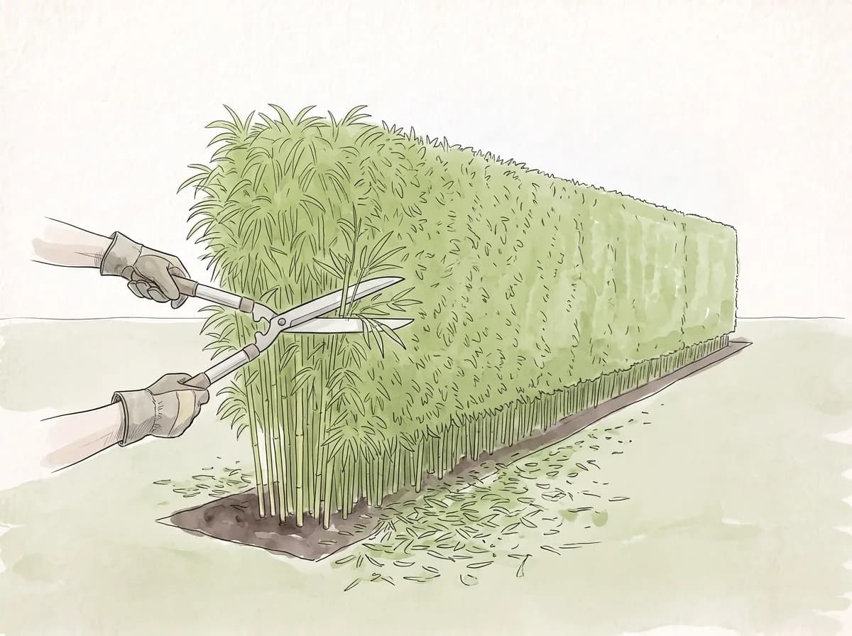 Tecknad illustration: två händer formklipper sidan på en bambuhäck.