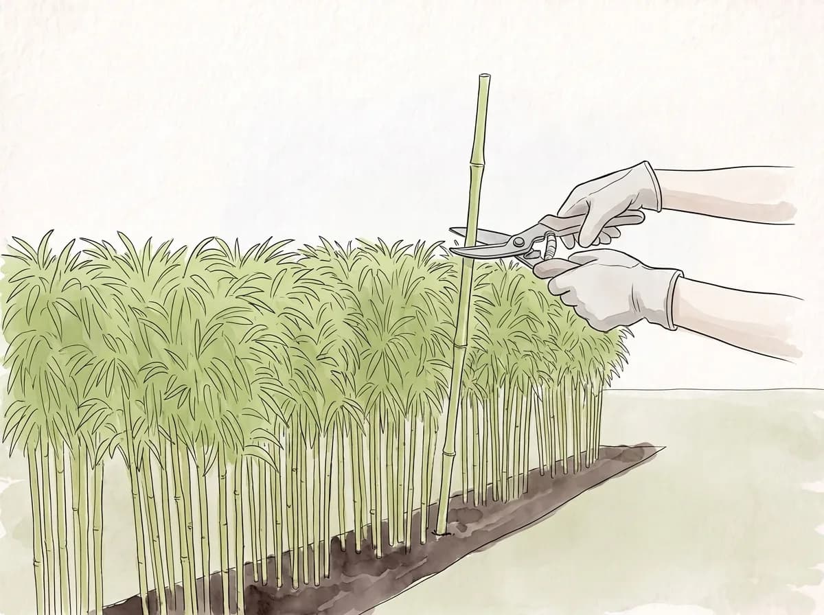 Tecknad illustration: en sekatör toppar ett bambustrå i en hög bambuhäck.