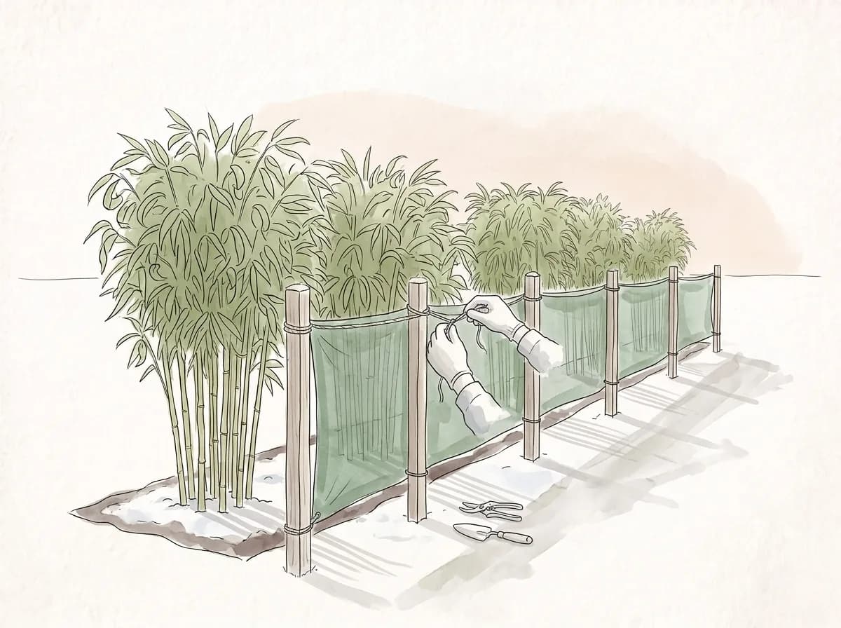 Tecknad illustration: skuggväv spänns mellan stolpar som en skärm framför en rad plantor i snö.