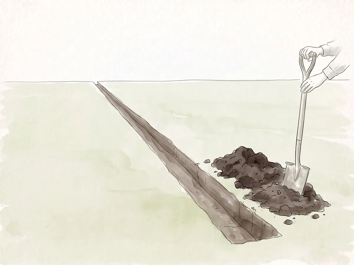 Tecknad illustration: en spade gräver ett långt, rakt dike i gräsmattan.