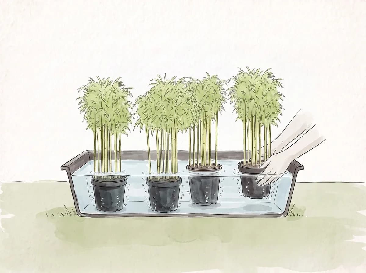 Tecknad illustration: krukplantor som står i ett grunt kar med vatten.