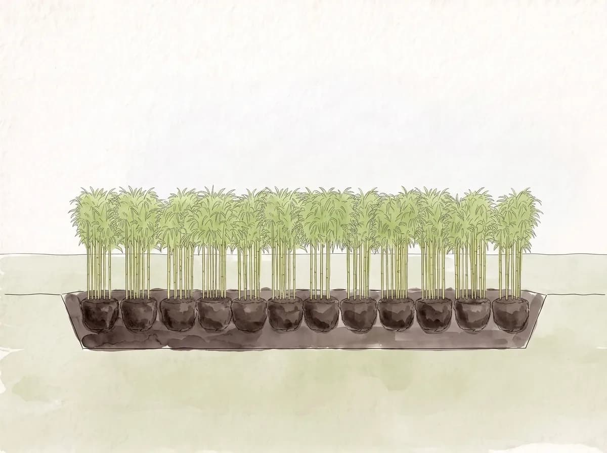 Tecknad illustration: en tät rad unga bambuplantor i ett dike.