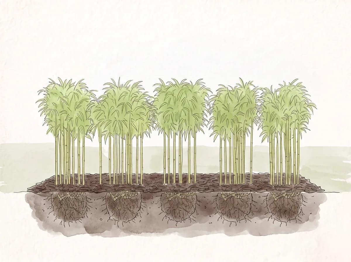 Tecknad illustration: en rad bambuplantor med kompakta rotklumpar i jorden.