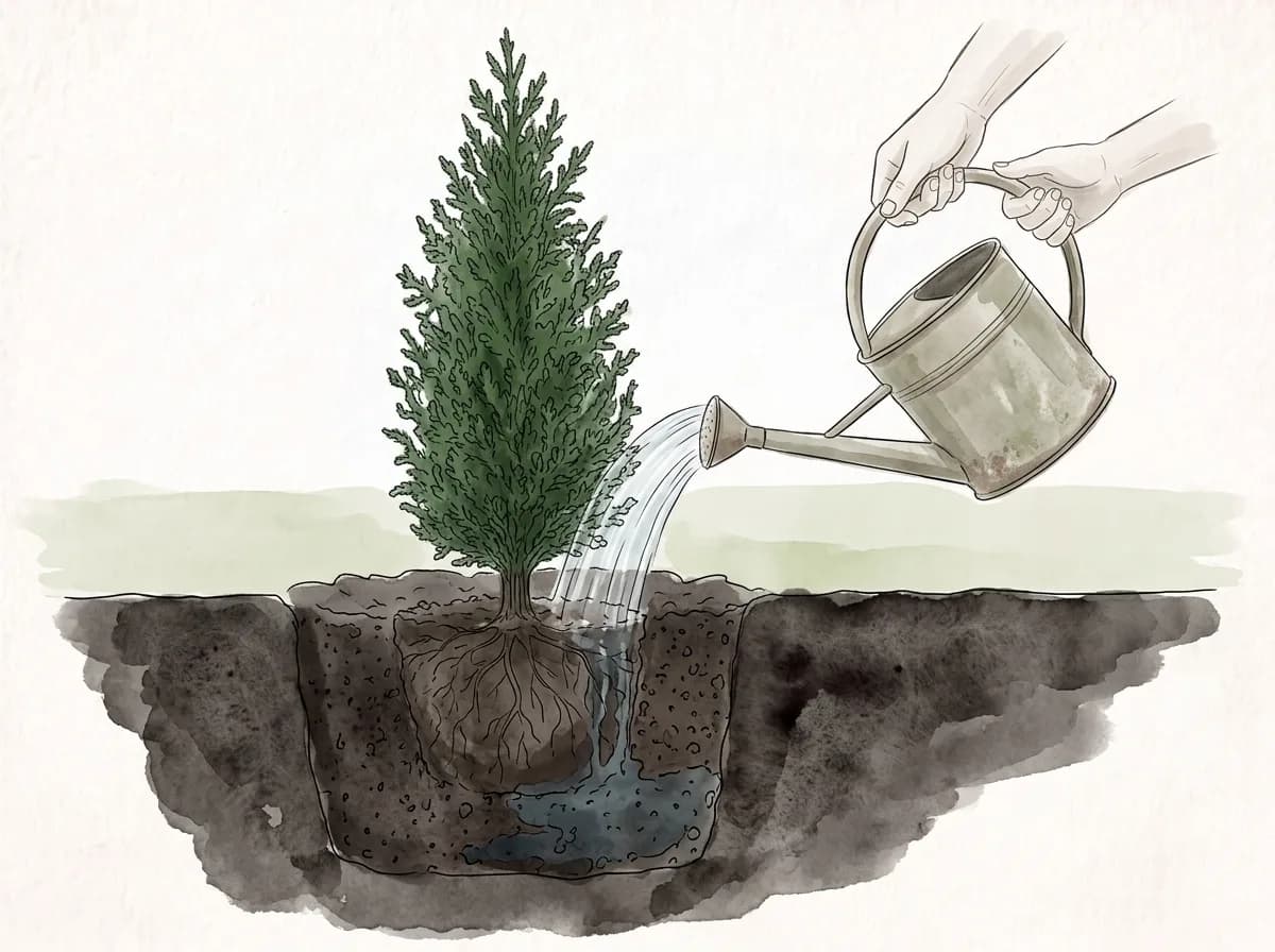 Tecknad illustration: en vattenkanna vattnar en ung tuja så att vattnet når ner till rötterna.