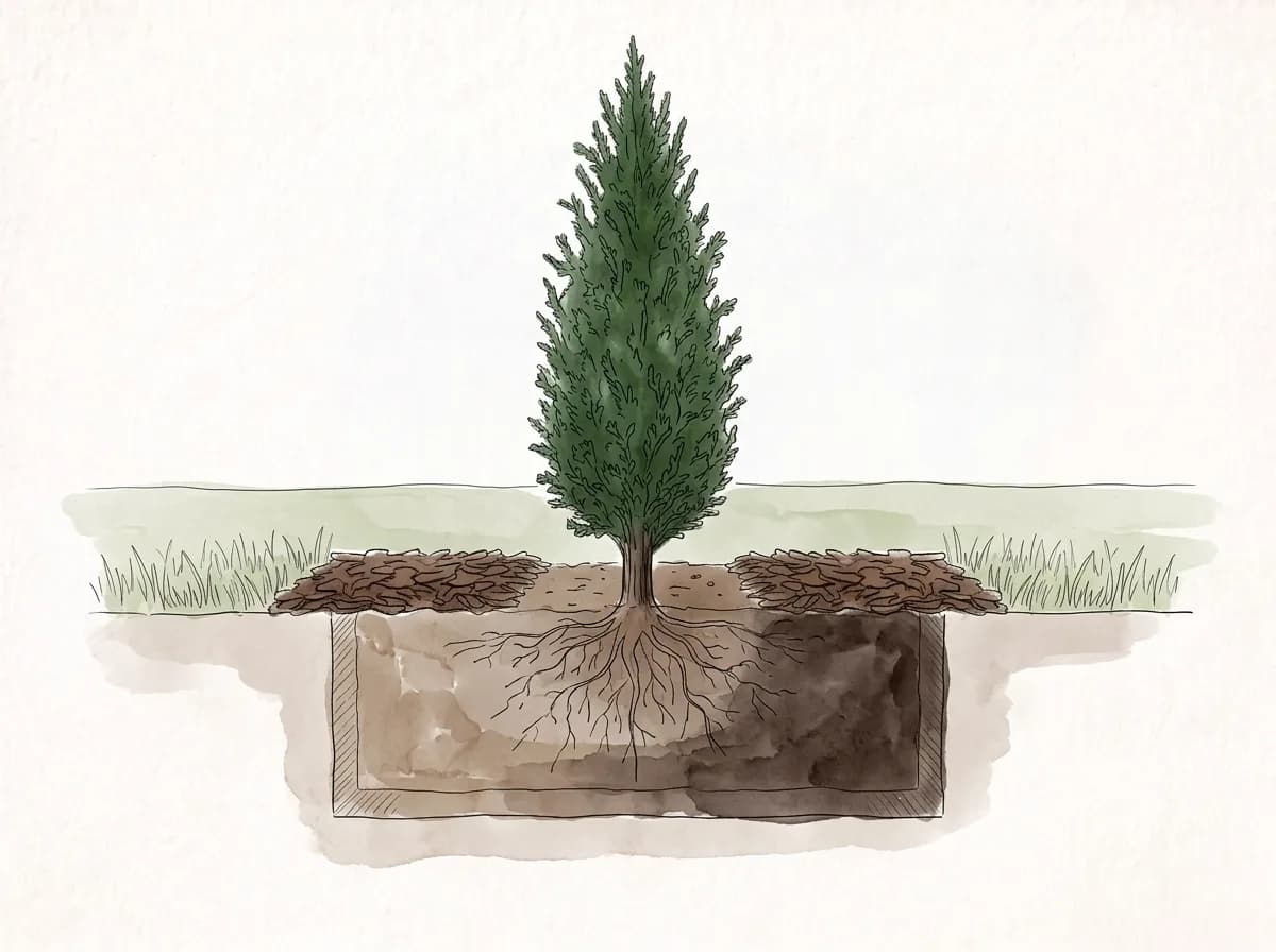Tecknad illustration: en ung planta i förbättrad jord, med täckbark på marken runt om.