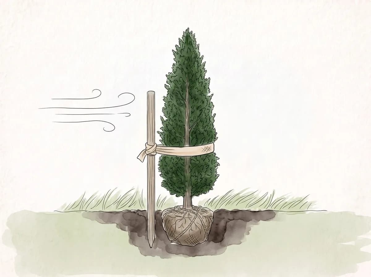 Tecknad illustration: en ung tuja bunden med mjukt band till en stör på vindsidan.