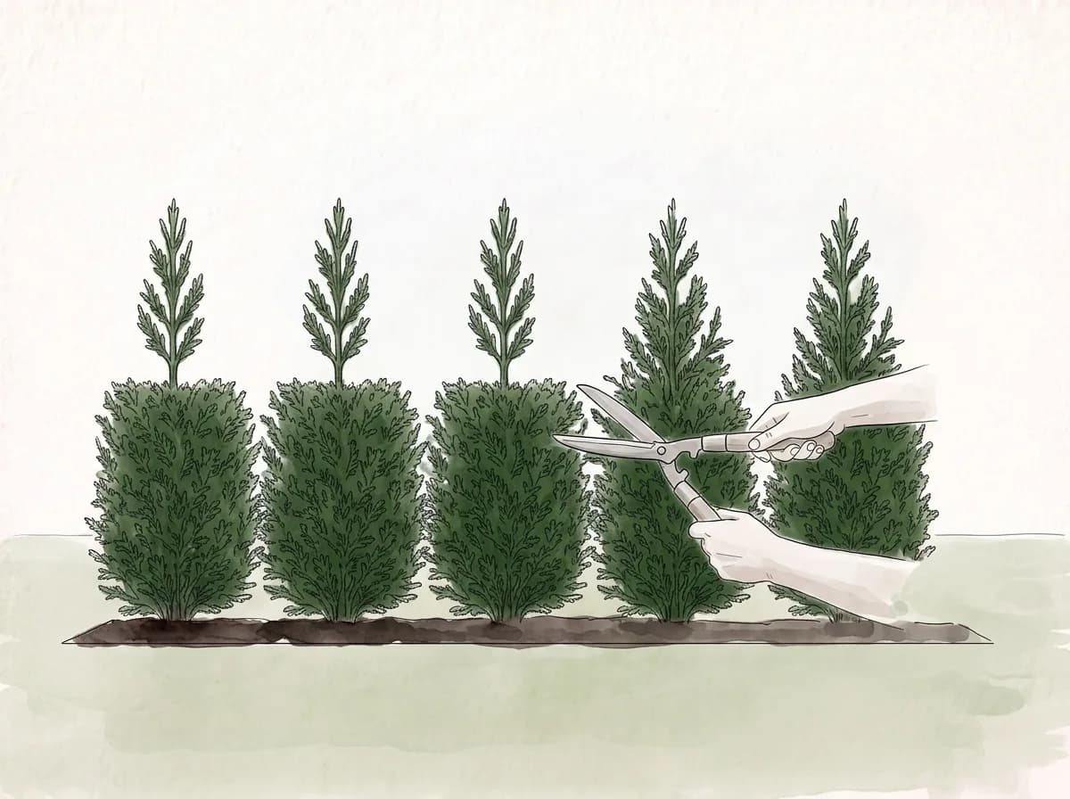 Tecknad illustration: en häcksax formar sidorna på unga tujor medan topparna får växa.
