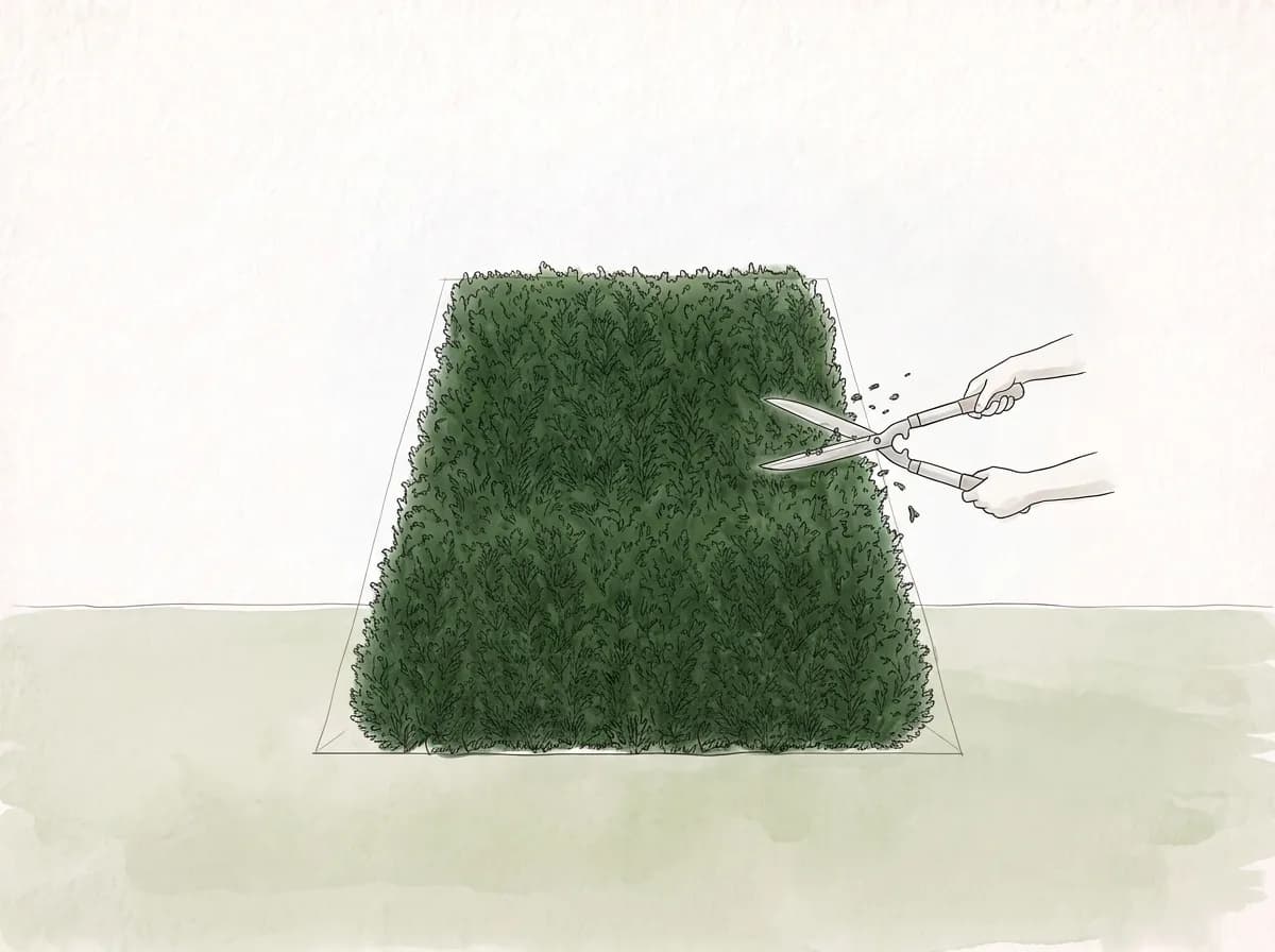 Tecknad illustration: en häcksax klipper en häck som är bredare nertill än upptill.