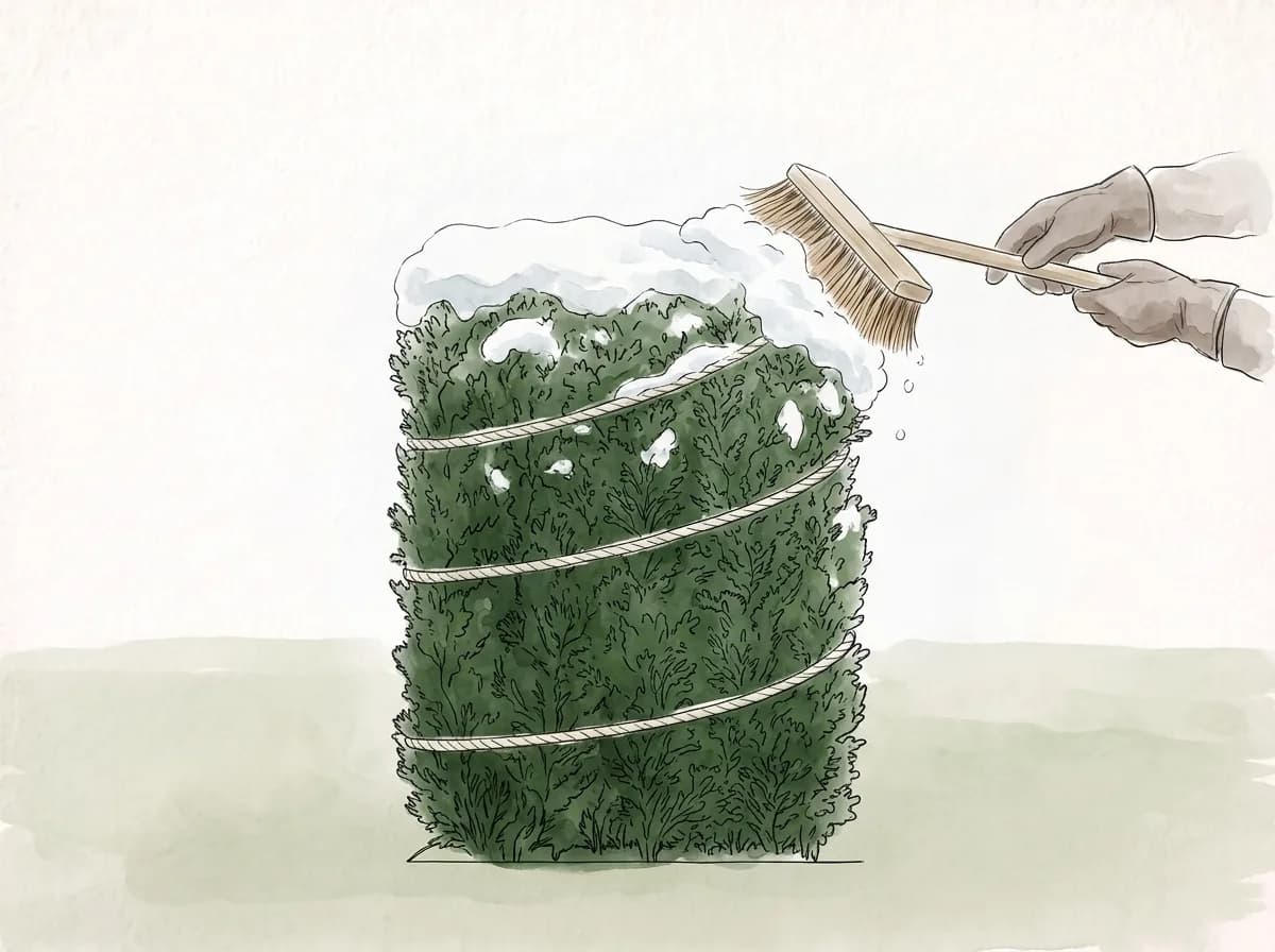 Tecknad illustration: en kvast borstar blöt snö från en hög tujahäck som är löst ihopbunden med rep.