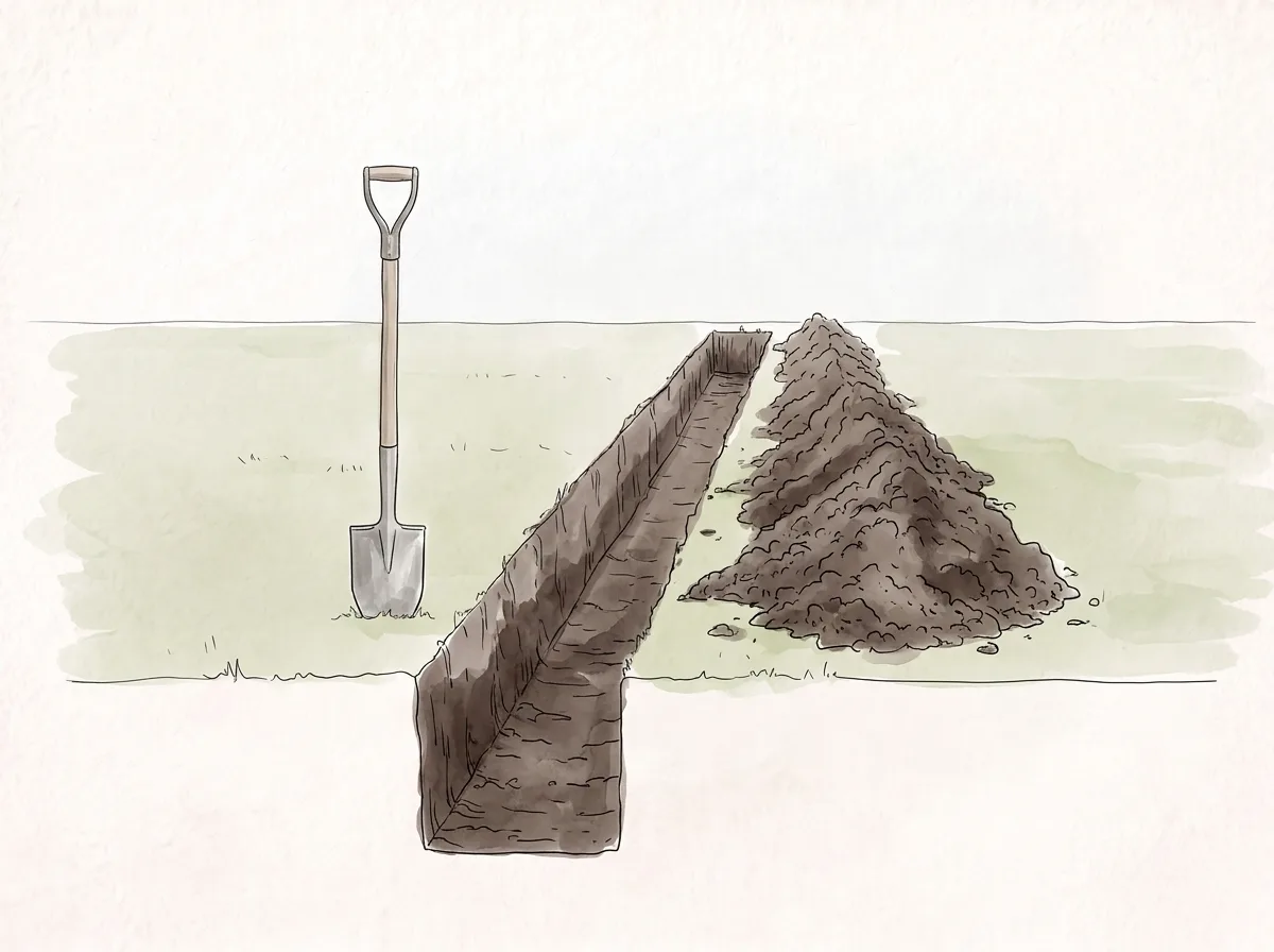 Tecknad illustration: en spade gräver ett långt, rakt dike för en ny häck.