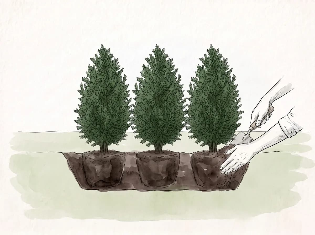 Tecknad illustration: tujor med rotklump sätts med jämnt avstånd i ett dike.