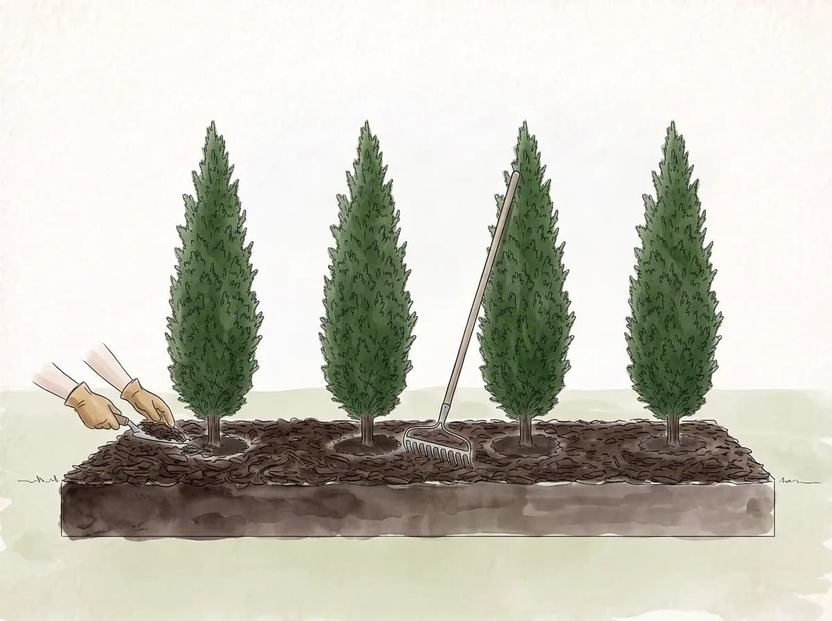 Tecknad illustration: en kratta fördelar täckbark runt unga plantor i en rad.