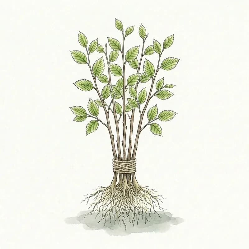 Tecknad illustration: en bunt barrotade plantor med bara rötter.