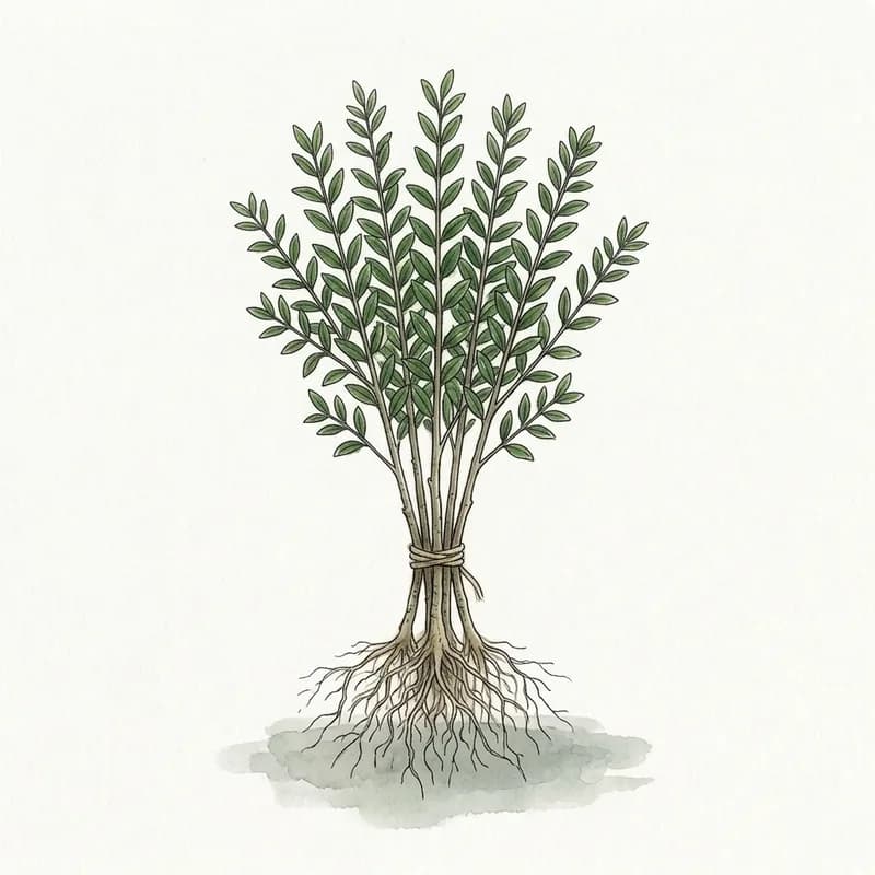 Tecknad illustration: en bunt barrotade plantor med bara rötter.