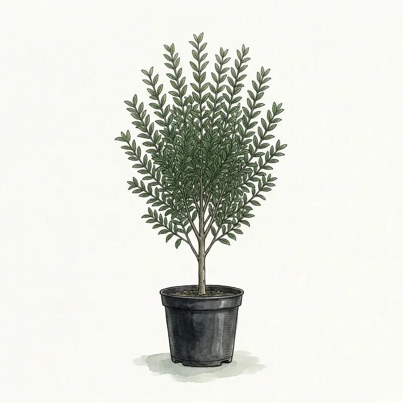 Tecknad illustration: en buskig planta i svart kruka.